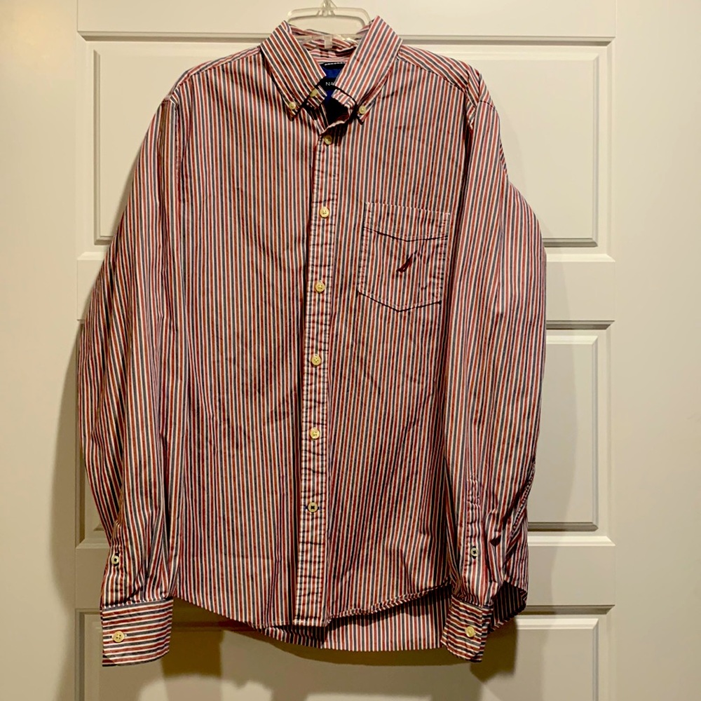 Mens like new nautica dress shirt size small red and blue stripes